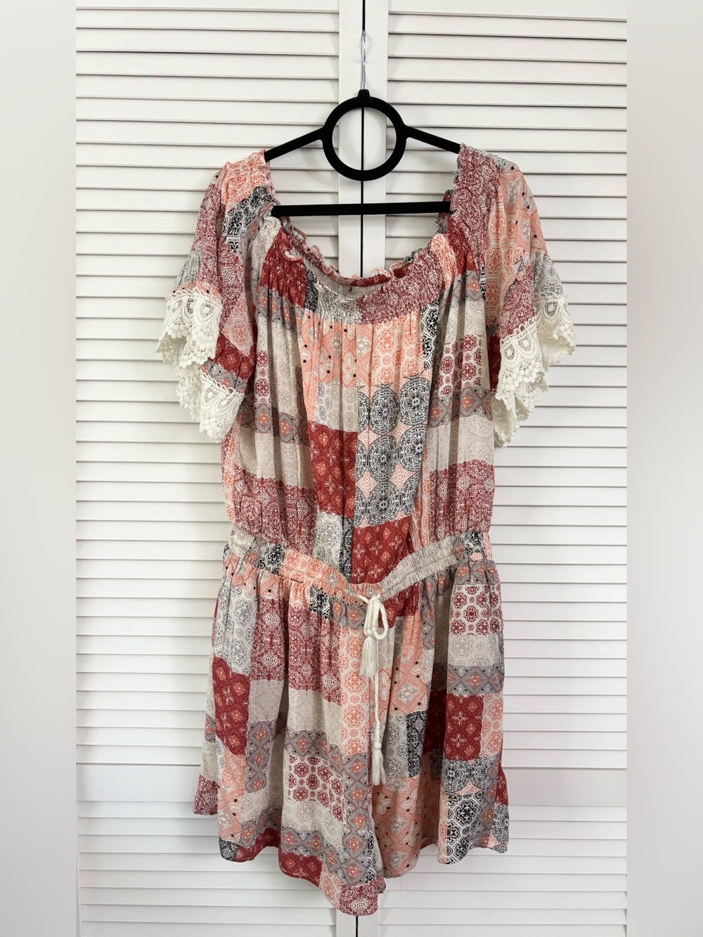 Skies Are Blue Women’s Boho Patchwork Off-Shoulder Romper, Size: 1X, NWT